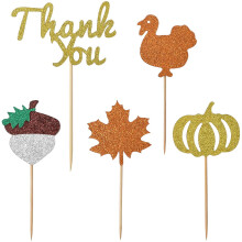 HOKPA Thanksgiving Cupcake Toppers 36 stuks Glitter Kalkoen Pompoen Esdoornblad Kastanje Muffin Voedsel Cupcake Prikkers voor Thanksgiving Day Feest