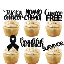 18pcs Zwarte Glitter Dessert Cupcake Topper Kanker Chemo Gratis Survivor Warrior Thema Decorbenodigdheden Borstkanker Borstverzorging Bewustzijn Verj