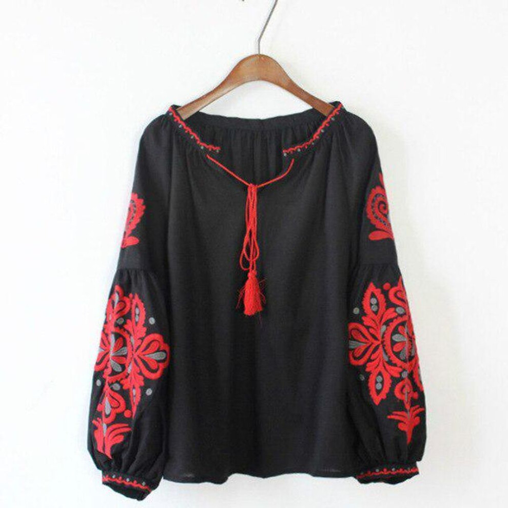 (One Size, black) Ethnic Embroidery Floral Blouse Long Sleeve Women Shirts  Vintage Tassel Lace Up Collar Blusa Mujer