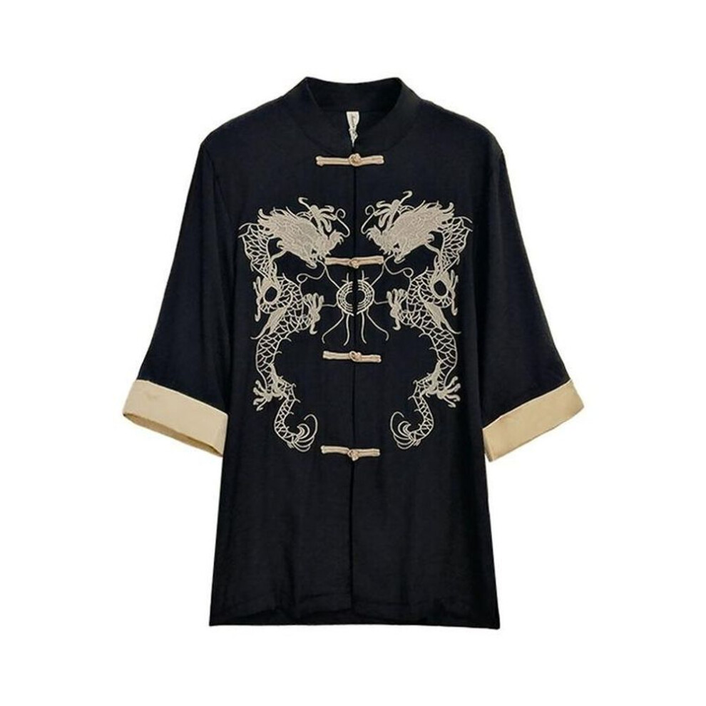 (black, One Size) Black Gothic Tang Suit Shirt Dress For Girls Women Chinese Traditional Blouse Single Breasted Dragon Embroidery Jacket Coat