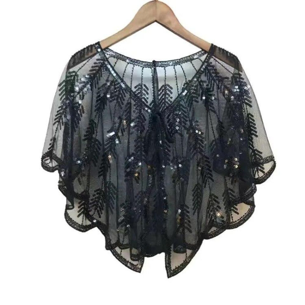(black, One Size) Retro 1920s Beaded Sequin Shawl Vintage Flapper Evening Cape Sheer Mesh Embroidery Leaf  Women Bolero Party Accessories
