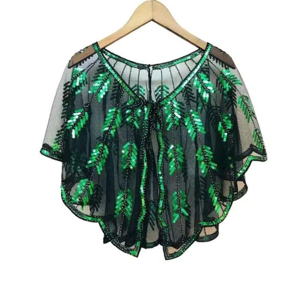 (black,green, One Size) Retro 1920s Beaded Sequin Shawl Vintage Flapper Evening Cape Sheer Mesh Embroidery Leaf  Women Bolero Party Accessories