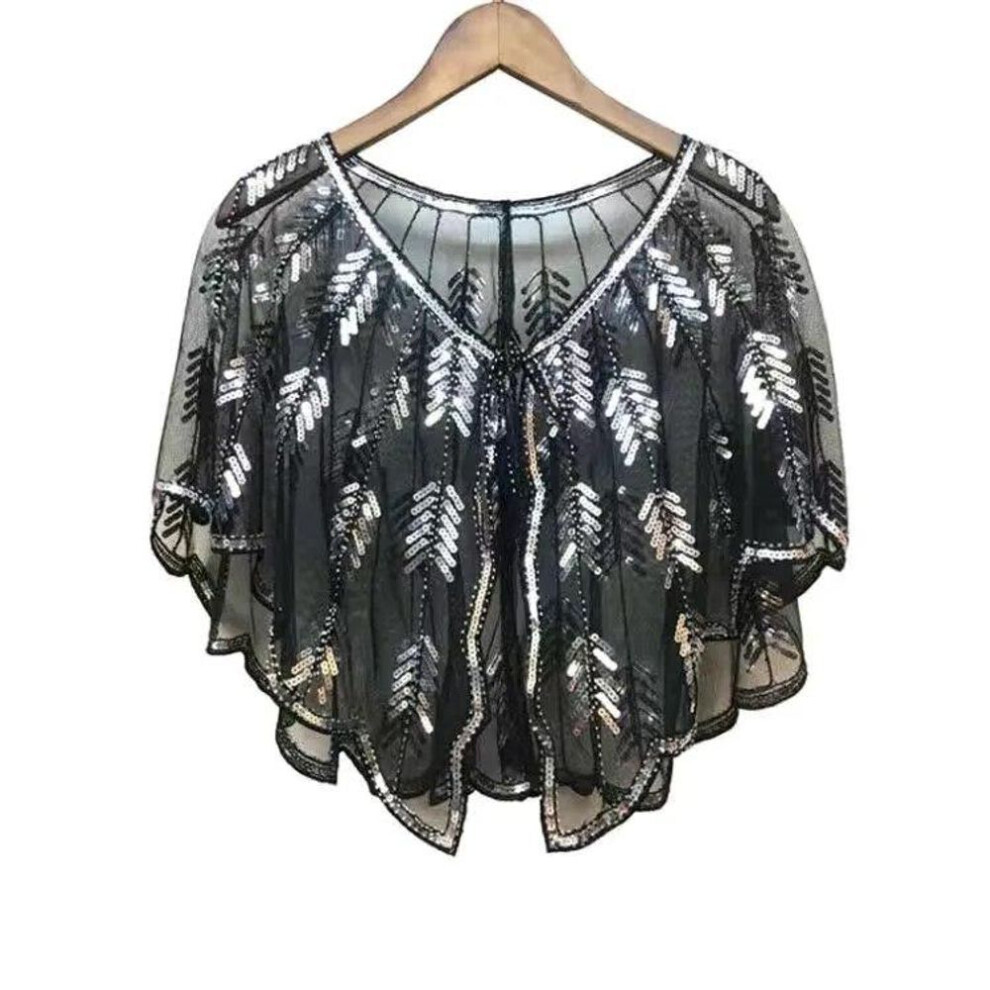 (black,silver, One Size) Retro 1920s Beaded Sequin Shawl Vintage Flapper Evening Cape Sheer Mesh Embroidery Leaf  Women Bolero Party Accessories
