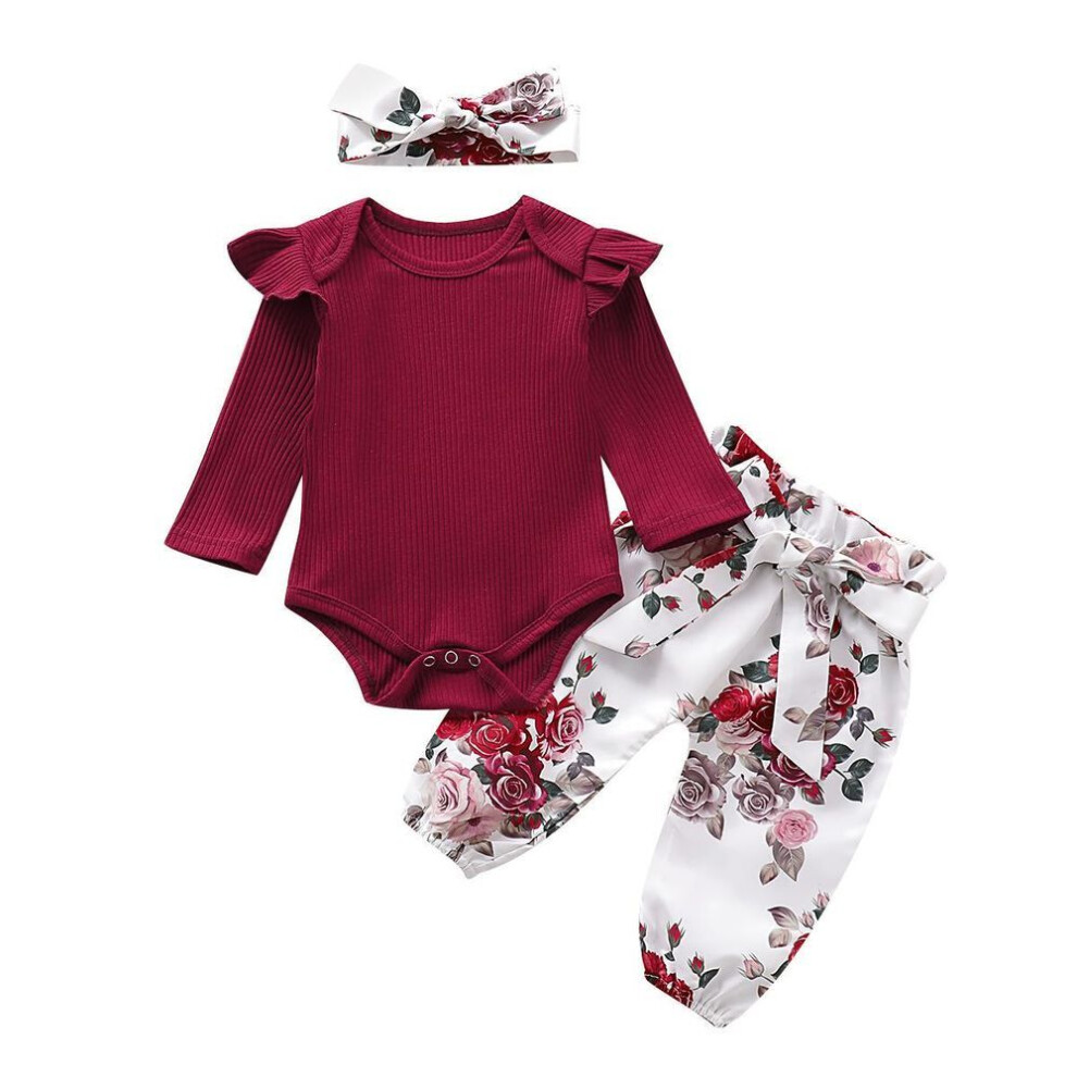 (3-6m) Focusnorm Casual Newborn Infant Baby Girl Clothes Set Flower Tops Romper Leggings Headband 3pcs Outfits Set Clothes