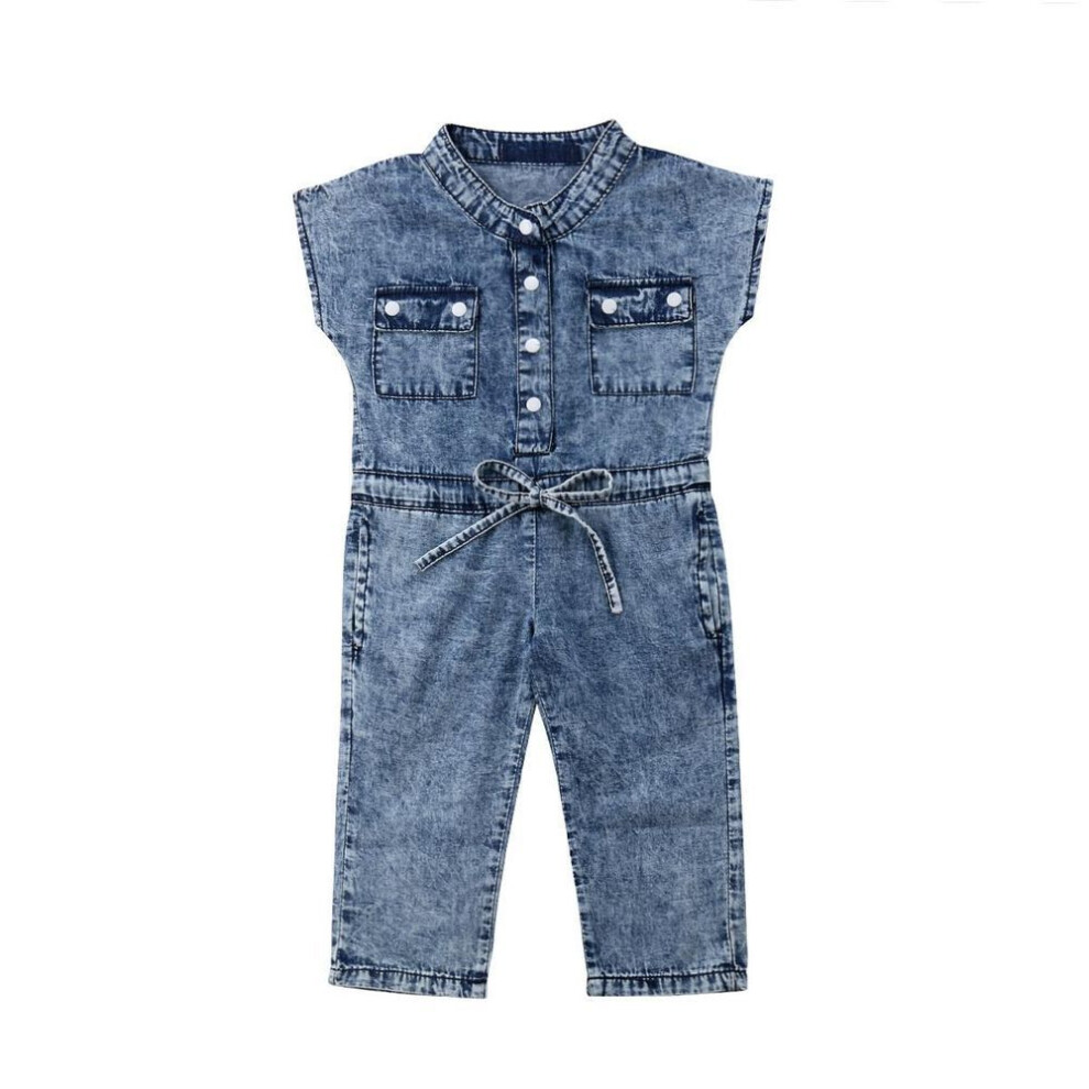 (blue, 3-4 Years) Little Girls Summer Denim Jumpsuit, Sleeveless Folded Collar Button-down Outfit, One-piece Chest Pockets Long Pants Clothes