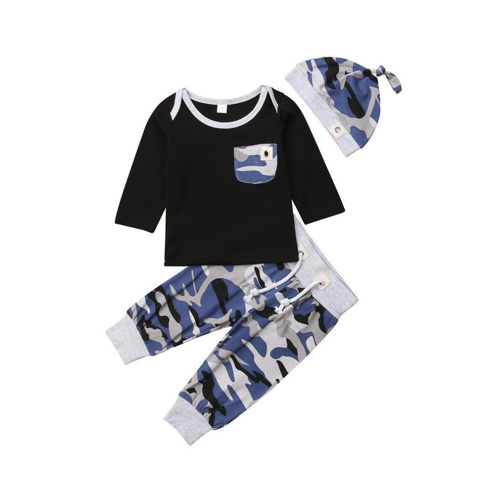 (blue, 0-6m) Casual Boy Clothes Carters Newborn Infant Baby Boy 3pcs Clothes Top Long Pants Hat Outfits Set