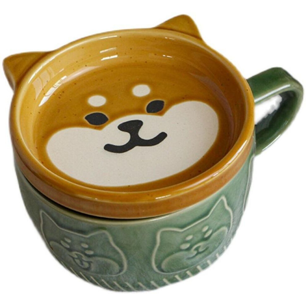 (Dog) Japanese Cute Mug Creative Ceramic Shiba Inu Panda Coffee Cup with Lid Home Couple Milk Breakfast Cup Water Cup