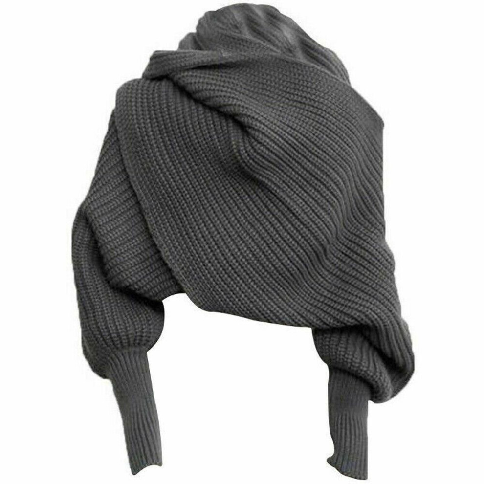 (dark gray) Women Winter Warm Knit Sweater Tops Scarf With Sleeve Wrap Shawl Scarves