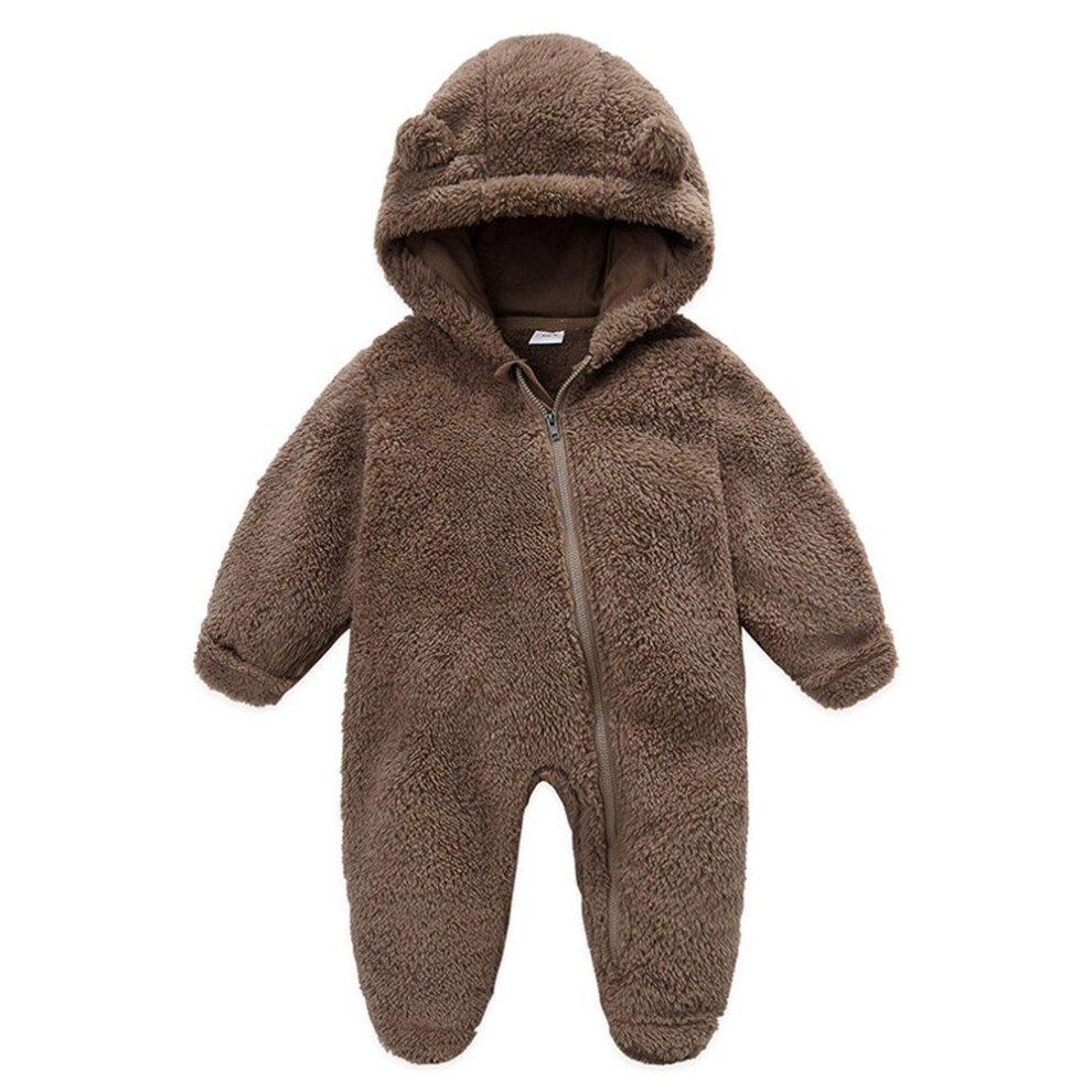 (brown, 3-6 Months) Newborn Baby Boy Girl Fleece Jumpsuit Snowsuit Long Sleeve Hooded Zipper Closure Coat Warm Winter Clothes