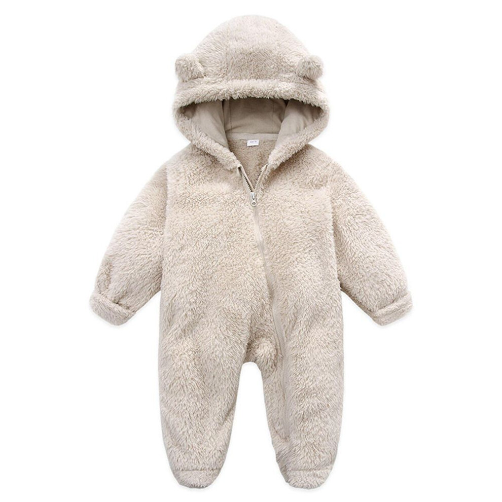 (beige, 6-9 Months) Newborn Baby Boy Girl Fleece Jumpsuit Snowsuit Long Sleeve Hooded Zipper Closure Coat Warm Winter Clothes
