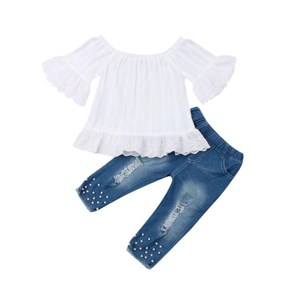 (5-6 Years) Toddler Kids Baby Girls Clothes Sets White Tops T-shirt Denim Long Pants Jeans Outfits Set
