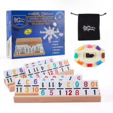 PUREPLAY Mexican Train Dominoes Set with Numbers - Double 12 Colored Number Dominoes - Includes 91 Tiles with 9 Trains 4 Wooden Trays and Storage Bag