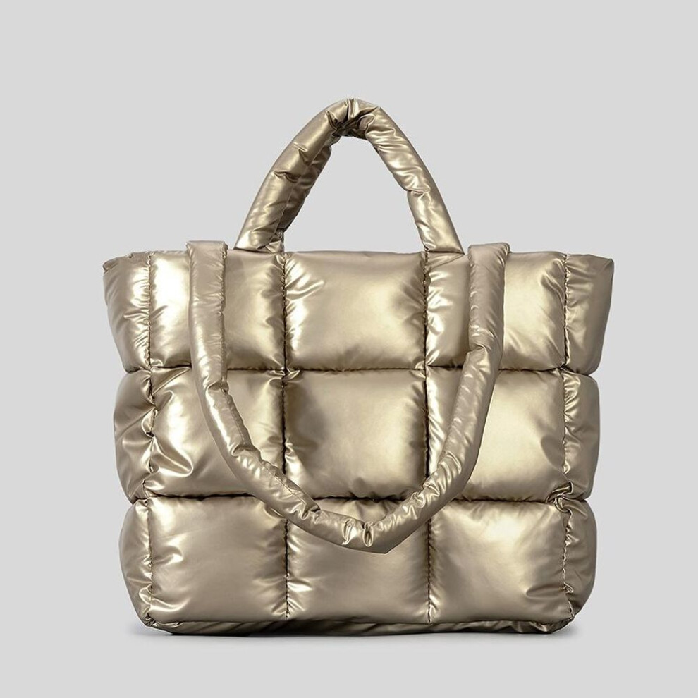 (gold) Fashion Plaid Padded Tote Bag Designer Soft Puffy Women Handbags Luxury Down Cotton Shoulder Bags Warm Winter Female Purse