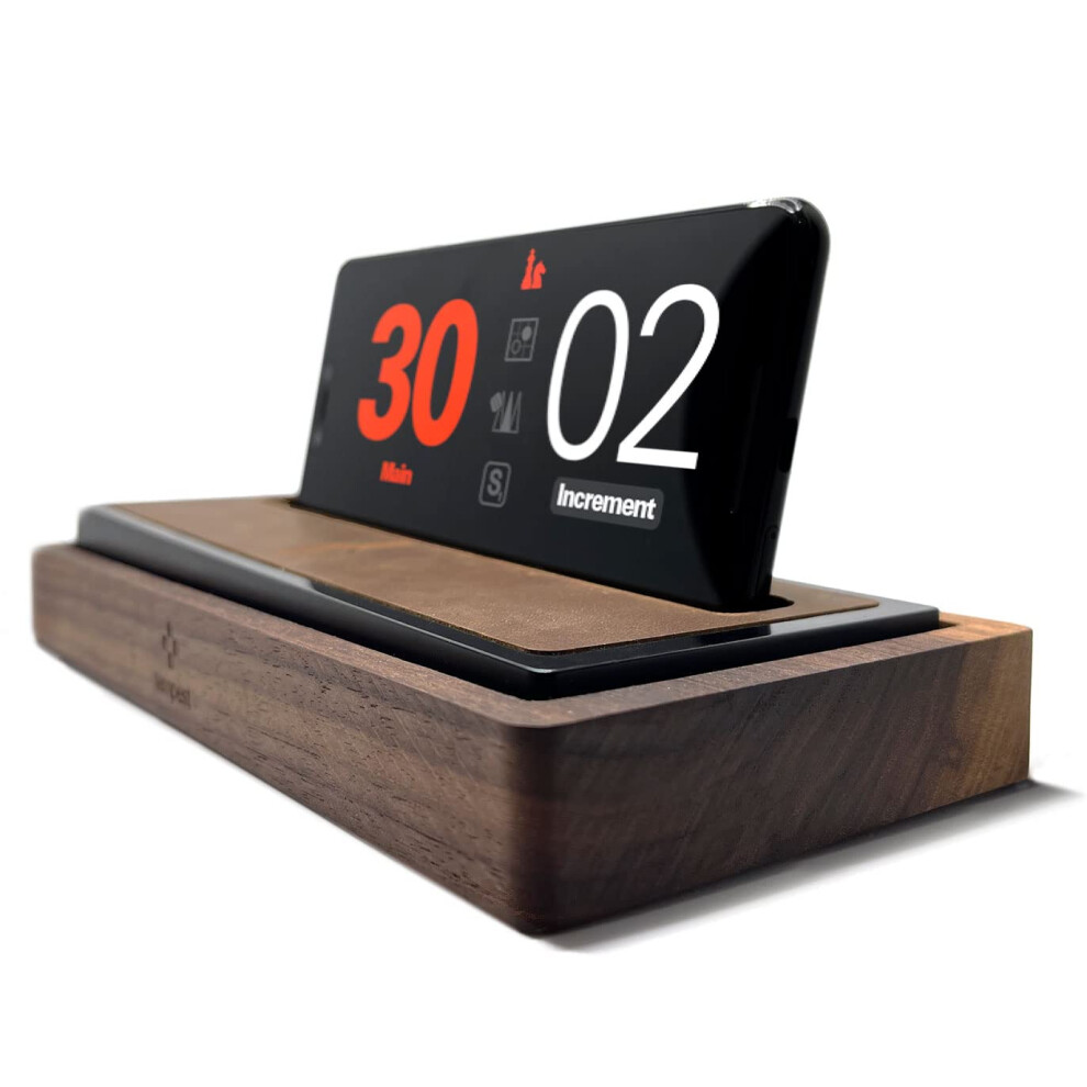Tempest Deluxe - 2025 Edition - A Luxurious Walnut and Leather Chess Clock/Phone Dock Hybrid. Includes Deluxe Dock Plus Bundled iOS and Android Softwa-image-OPC-PFYP2VR-NEW