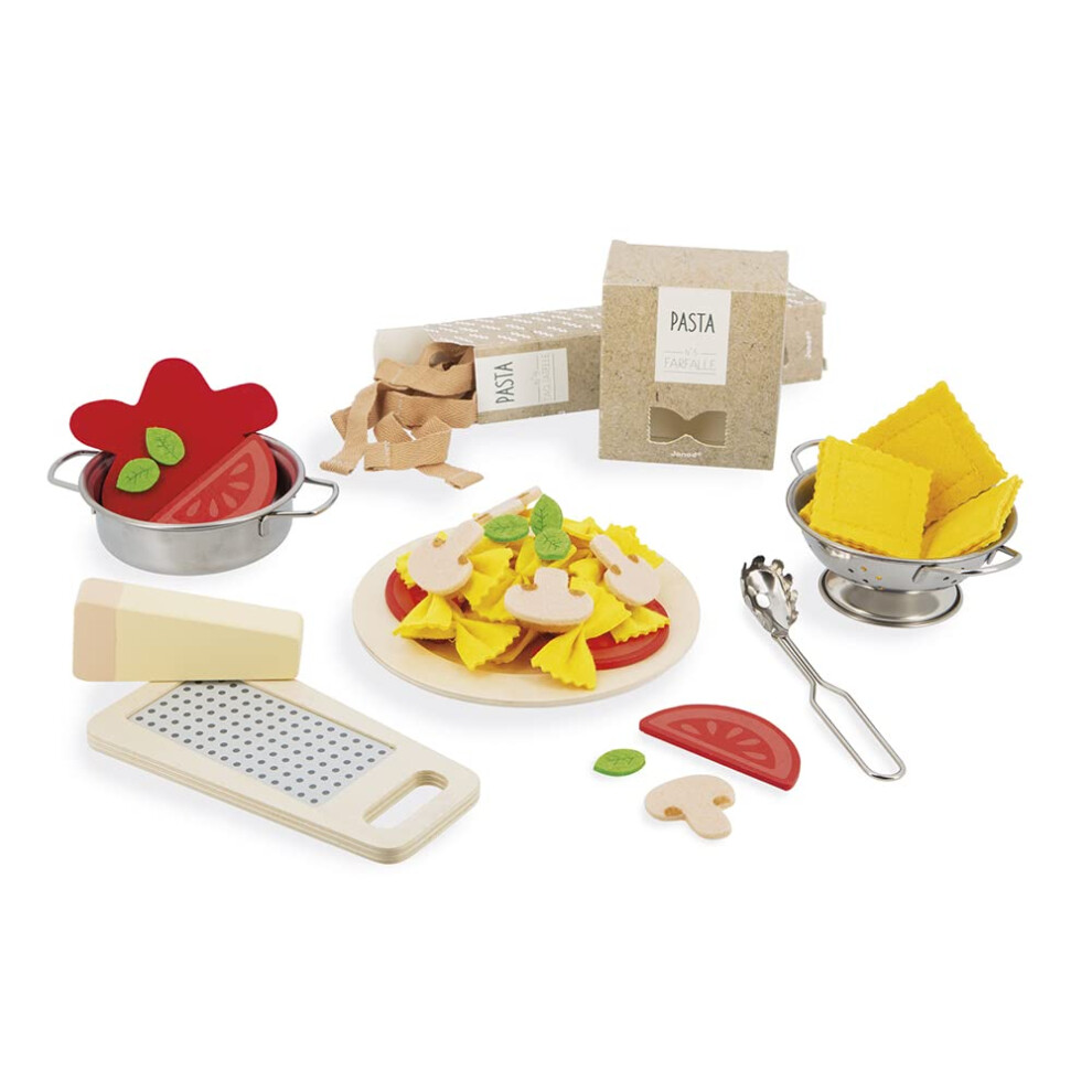 Janod - Pasta Mix - Pasta Set - Pretend Play Kitchen & Tea Set Toy - 58 Wooden Cardboard And Felt Pieces Included - Water-Based Paints - 3 Years + J0