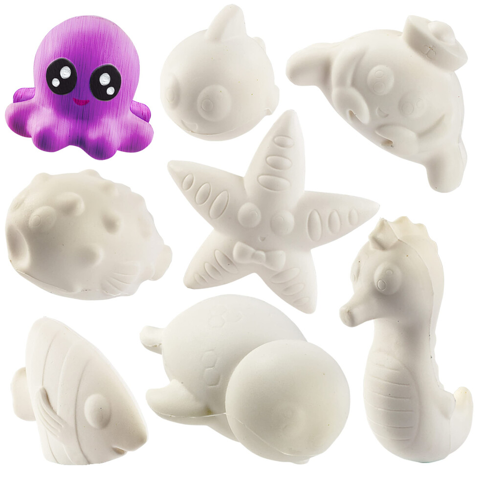 Kit de bricolage pour fête, Jumbo Ocean Pals Squishies (8 animaux marins uniques) - Jouets squishy blancs parfumés Kawaii à montée lente, peintur