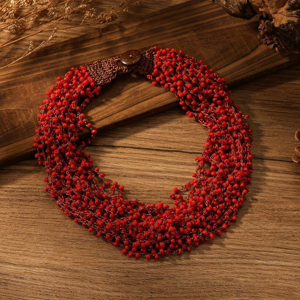 (red) Handmade Crochet Beaded Necklace Holiday Style Boho Style Beads Neck Jewelry Ornament