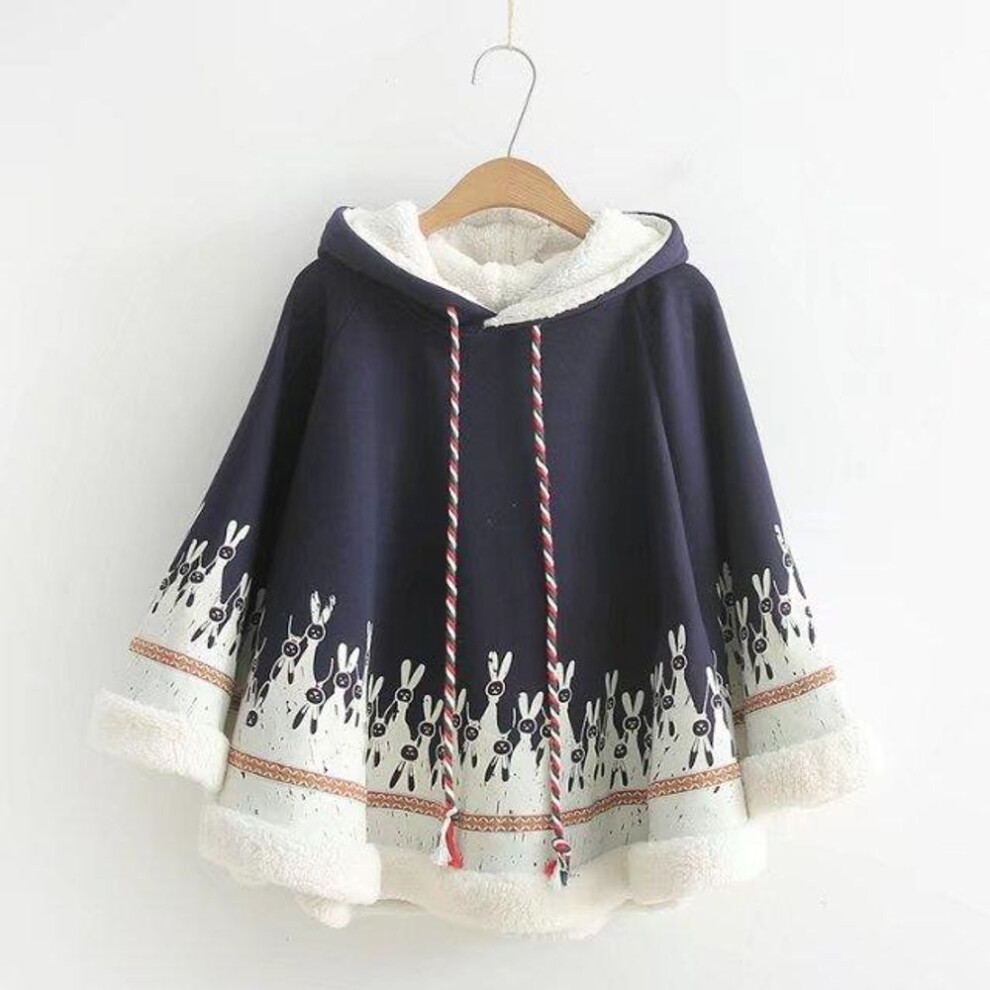 (navy blue) Women Girls Cloak Coat Winter Fleece Cute Rabbit Ears Hooded Printed Loose Poncho