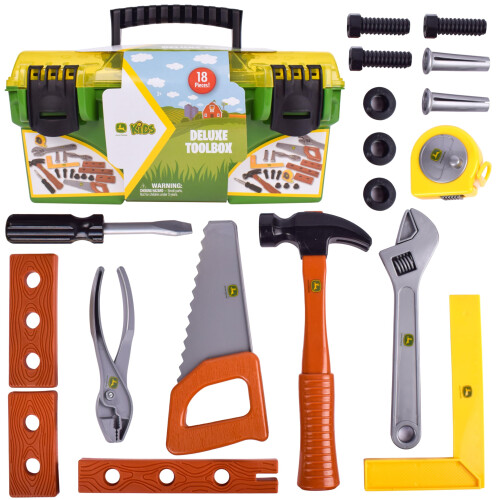 John Deere John Deere 18 Piece Deluxe Tool Box  Construction Playset with Tape Measure and Tools  Interactive Building Toys  Preschool Toys for Boys and Girl