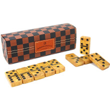 Vovotuzzi Dominos Set for Adults  Thick Domino  Double 6 Dominoes Set for Adults and Kids  28 Marbleized Gold Tiles in Brown Leather Case  Travel Domi