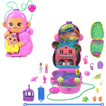 Polly Pocket Poppen & Speelset met Huisdieren & 13 Accessoires 2-in-1 Moeder Aap & Baby Draagbare Handtas & Dieren Speelgoed
