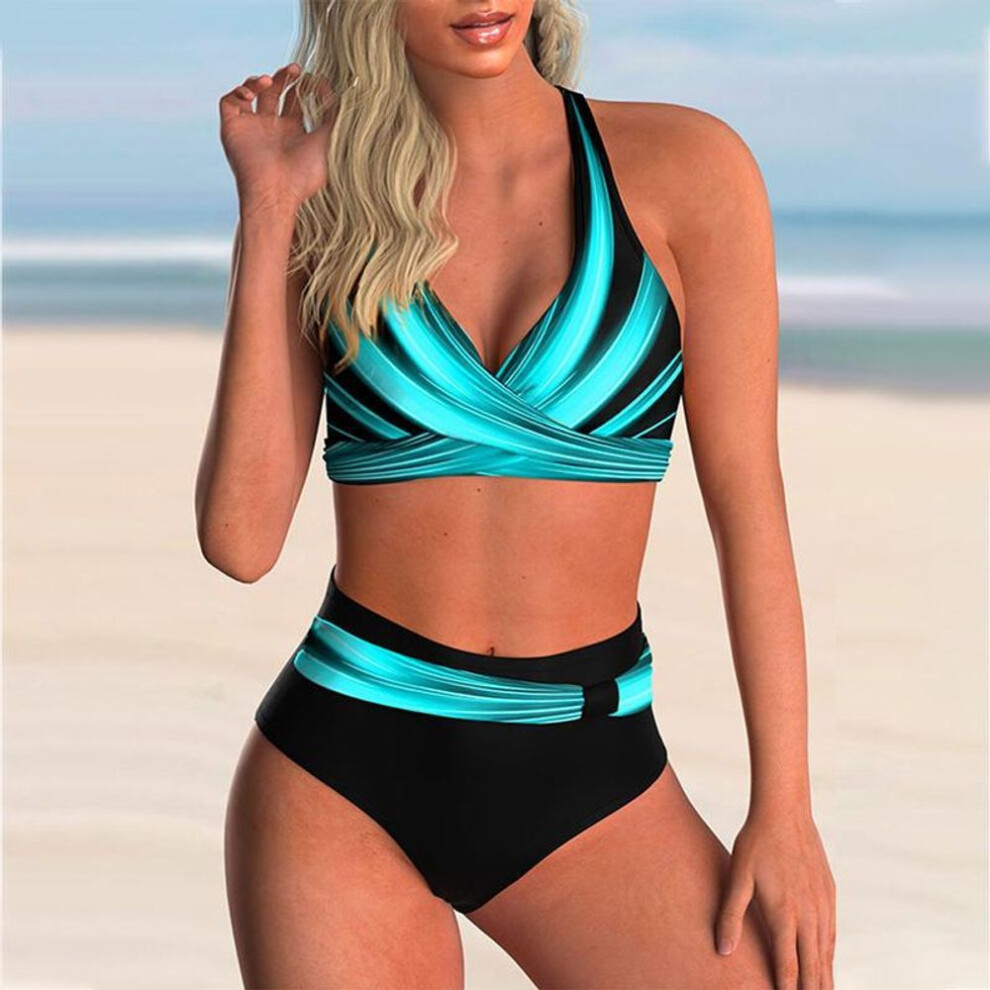 (L, blue) Women Plus Size Swimsuit High Waist Bikini Swimwear Female Two Piece Beachwear Printed Bikinis Set Bathing Suit