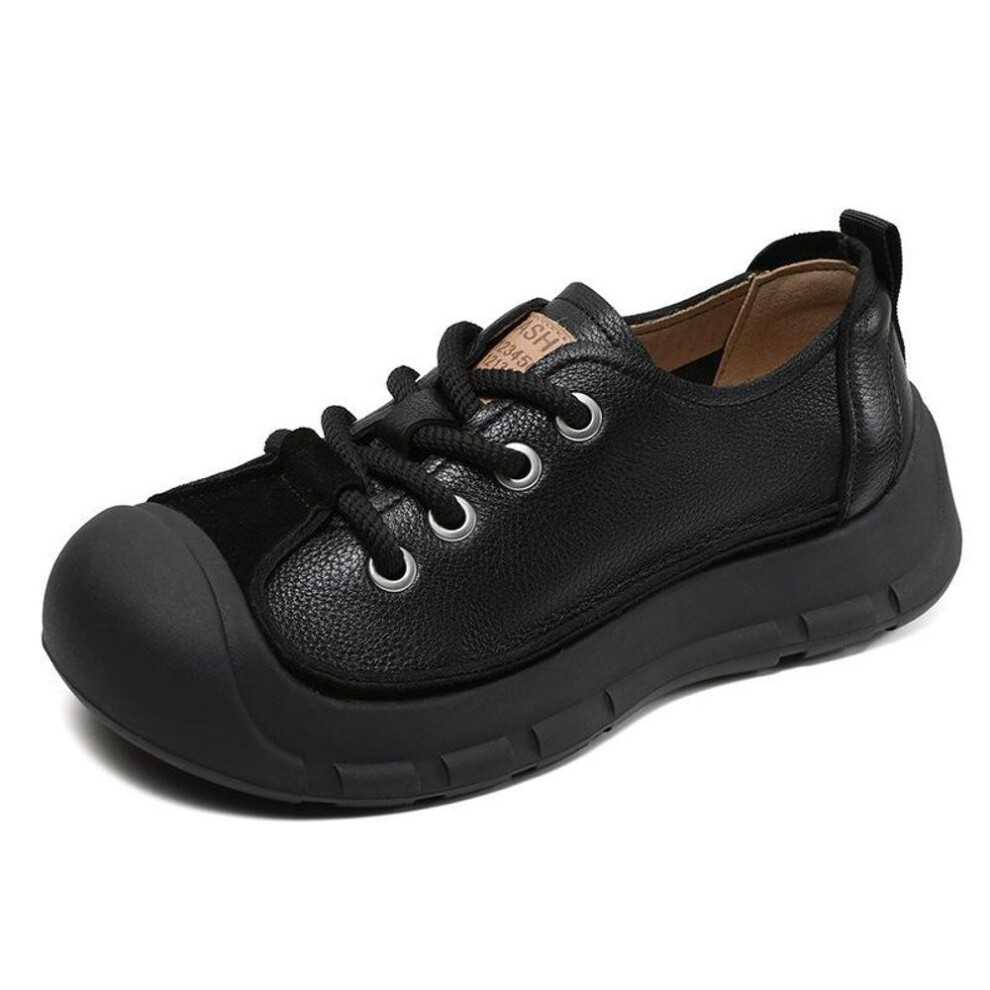 (black, 38) Johnature Genuine Leather Round Toe Lace Up Flat Shoes Retro Versatile Soft Sole Women&apos;s Shoes