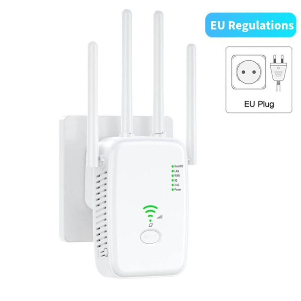 (white, EU Plug) 300Mbps Wireless WiFi Repeater Wifi Amplifier Signal Booster Dual-Band 2.4G 5G Wi-fi Extender 802.11ac Gigabit WPS Network Router with 4 Antennas