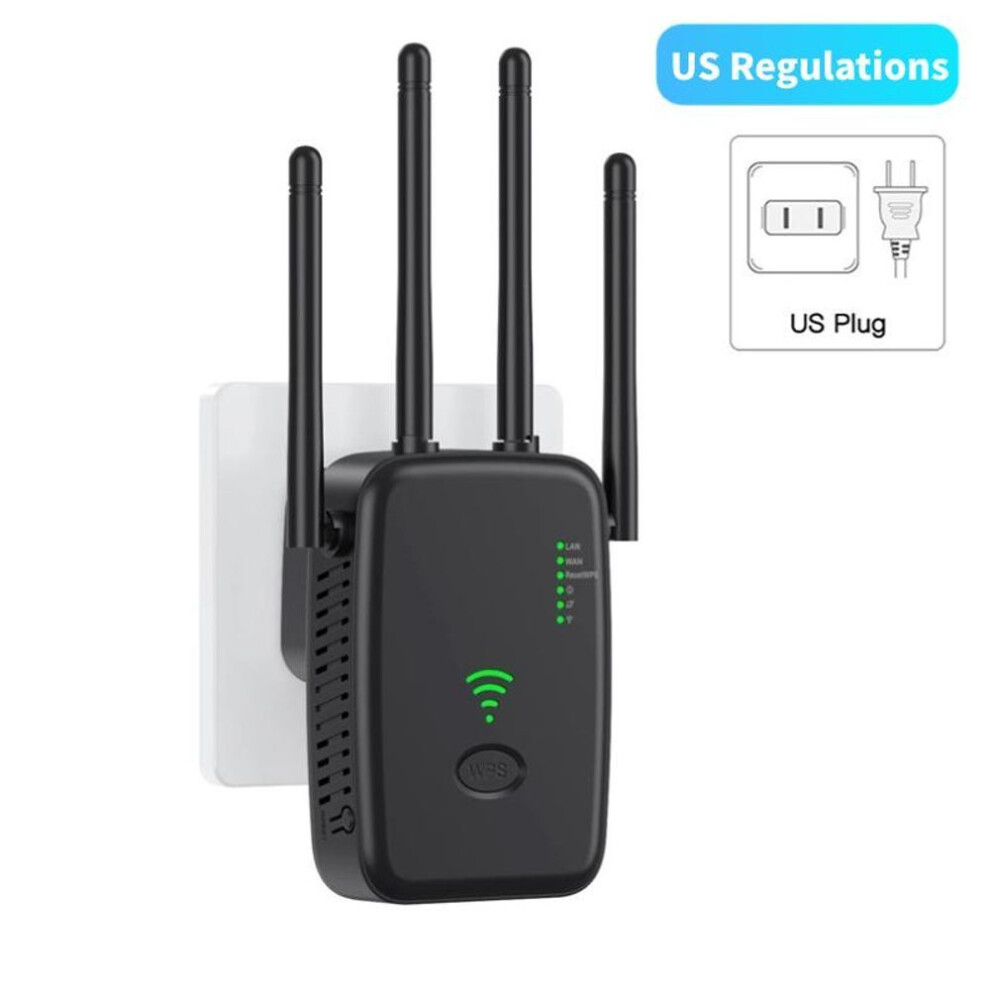 (black, US Plug) 300Mbps Wireless WiFi Repeater Wifi Amplifier Signal Booster Dual-Band 2.4G 5G Wi-fi Extender 802.11ac Gigabit WPS Network Router with 4 Antennas