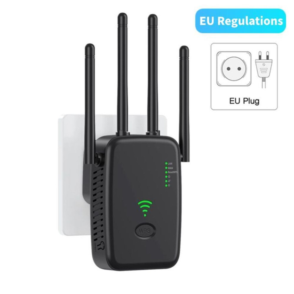 (black, EU Plug) 300Mbps Wireless WiFi Repeater Wifi Amplifier Signal Booster Dual-Band 2.4G 5G Wi-fi Extender 802.11ac Gigabit WPS Network Router with 4 Antennas