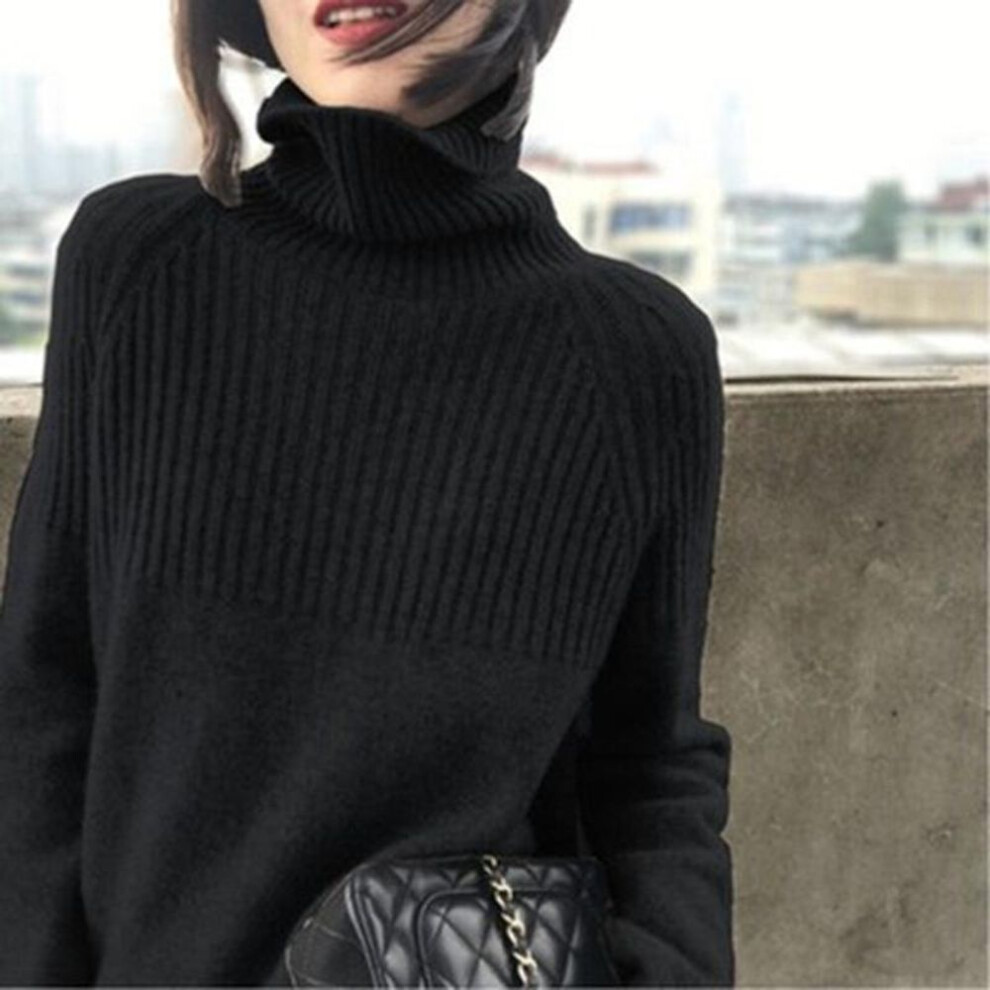 (M, black) Hirsionsan Turtleneck Knitted Sweater Women Solid Winter Thicken Jumper Ladies Casual Tops Oversize Korean Bottoming Pullover