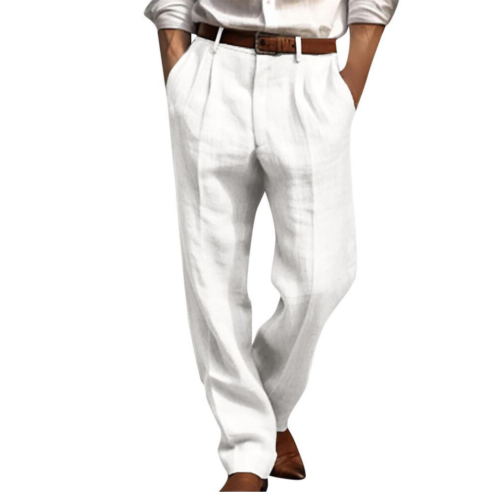 (white, L) Men&apos;s Casual Loose And Comfortable Casual Pants Cotton Linen Printed Drawstring Trousers