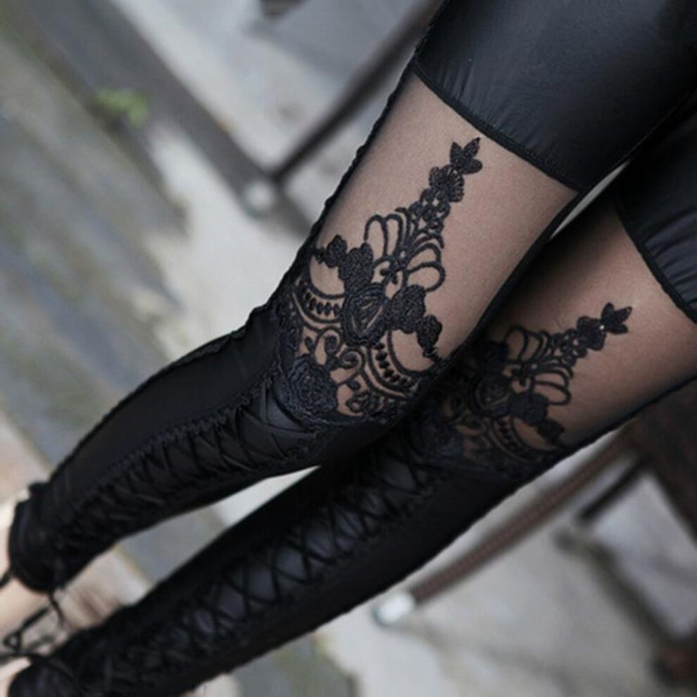 Fashion Women Lace-up Faux PU Leather Lace Leggings Tights Pants
