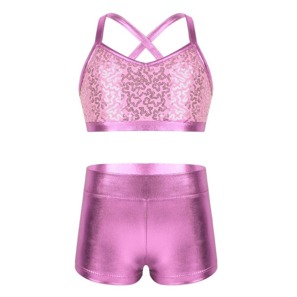(pink, 8-10 Years) Kids Girls 2 Piece Ballet Active Outfits Shiny Tank Top With Booty Shorts Gymnastics Leotard Dance Gym Workout Clothes