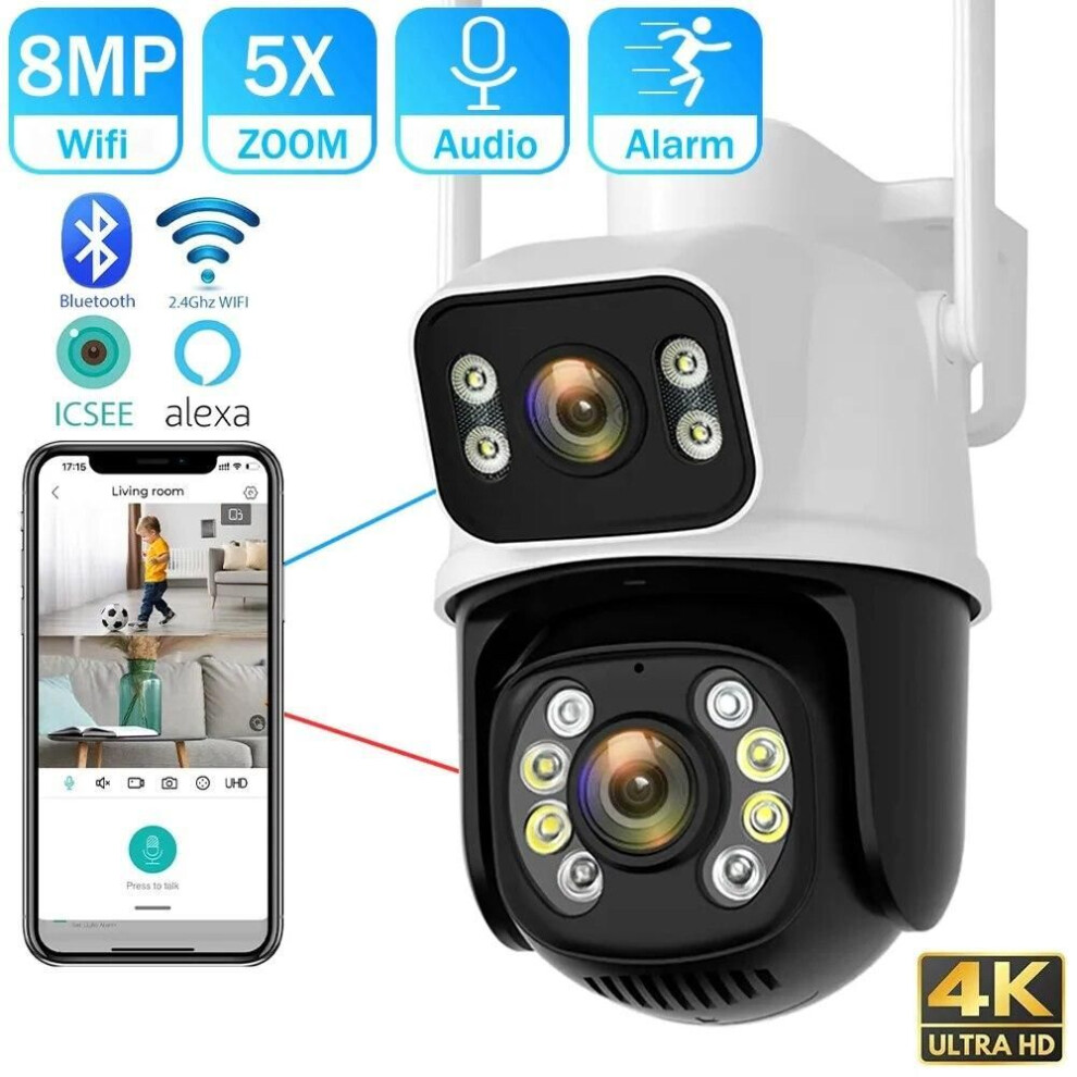 (UK Plug) 2024 8mp 4k Dual Lens Wifi Ptz Camera Smart Home Night Vision Dual Screen Outdoor Security Protection Cctv Ip Camera Icsee App