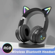 (black) 2024 New Cute Cat RGB Colour Lights Wireless Headphones Bluetooth 5.1 Stereo Music Gaming Headsets for Girls Kids Gift Headset with Microphone