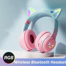 (pink) 2024 New Cute Cat RGB Colour Lights Wireless Headphones Bluetooth 5.1 Stereo Music Gaming Headsets for Girls Kids Gift Headset with Microphone