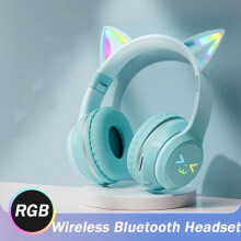 (green) 2024 New Cute Cat RGB Colour Lights Wireless Headphones Bluetooth 5.1 Stereo Music Gaming Headsets for Girls Kids Gift Headset with Microphone