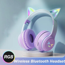 (purple) 2024 New Cute Cat RGB Colour Lights Wireless Headphones Bluetooth 5.1 Stereo Music Gaming Headsets for Girls Kids Gift Headset with Microphone