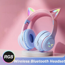 (blue) 2024 New Cute Cat RGB Colour Lights Wireless Headphones Bluetooth 5.1 Stereo Music Gaming Headsets for Girls Kids Gift Headset with Microphone