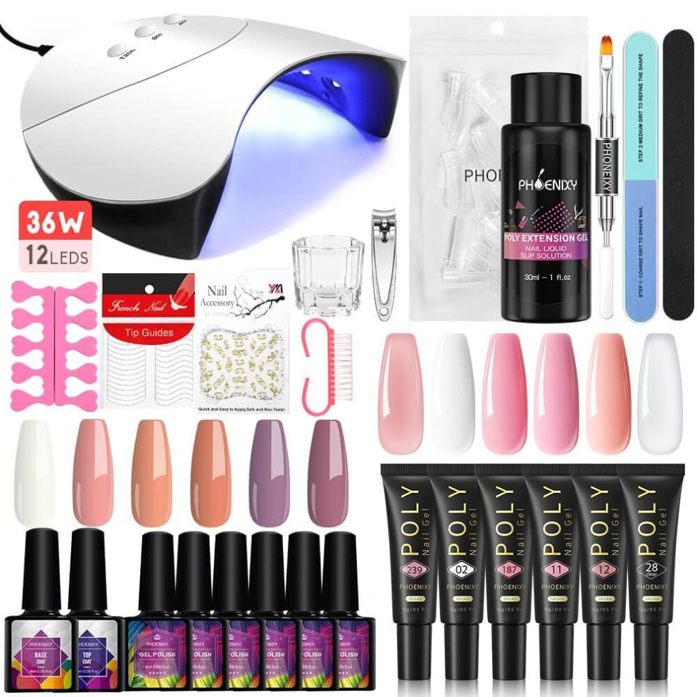(set 8) Phoenixy Poly Nail Gel Extension Kit 6 Colors Nail Builder Tips 36w Uv Led Nail Dryer Lamp Manicure Nail Tools Nail Salon Set