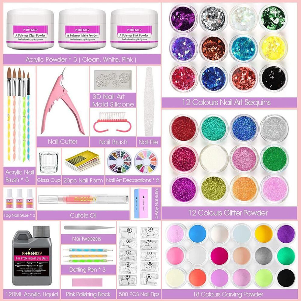 Acrylic Nail Art Kit Full 42 Acrylic Glitter Powder Kit Professional Diy Acrylic Liquid Set Rhinestone Manicure Nail Art Accessories Tools…