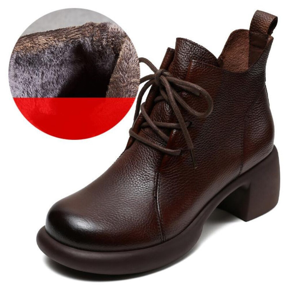 (brown, 38-Plush) Johnature Handmade Retro Mid Heeled Short Boots Round Toe Lace Up Genuine Leather Women&apos;s Shoes
