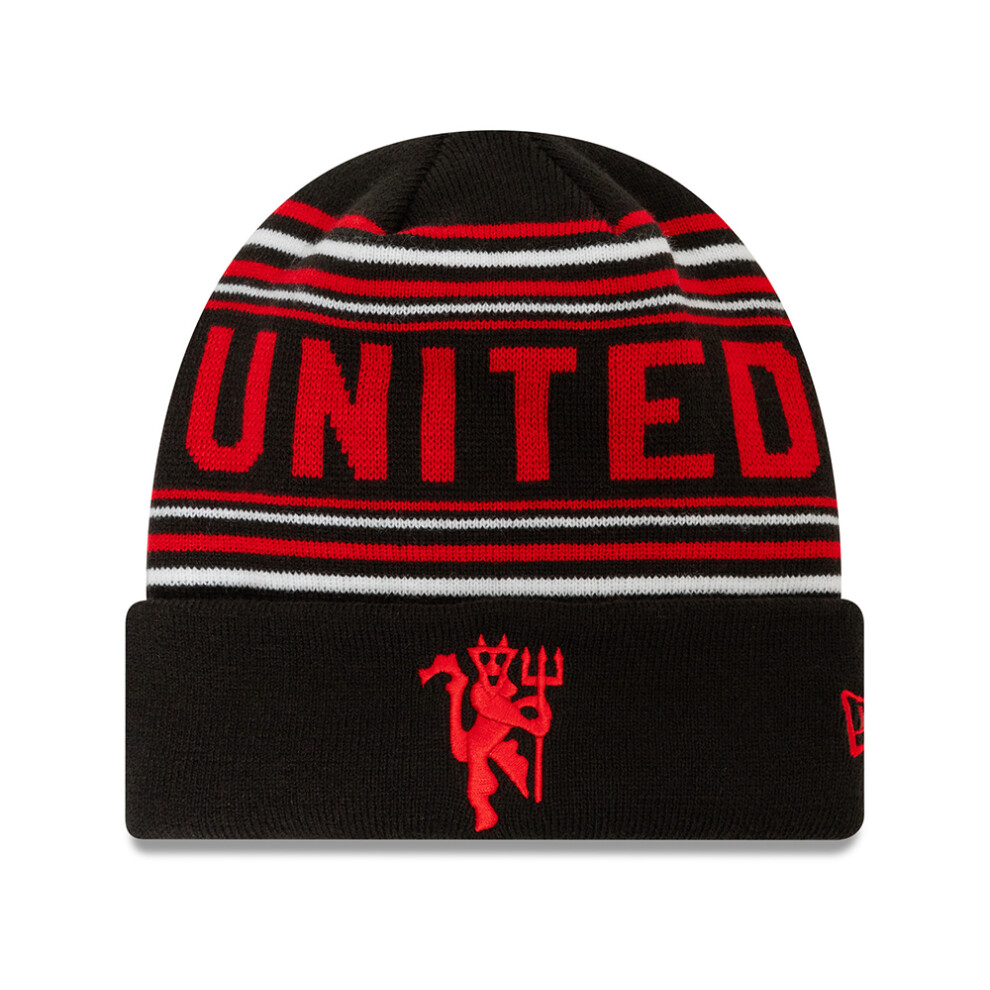New Era Manchester United Stripe Cuff Knit Beanie Hat Black Red White
