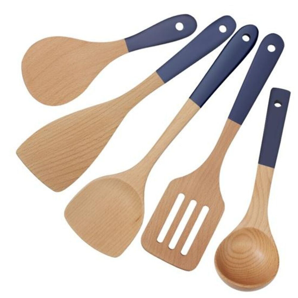 (blue) 5pcs/set Kitchen Cooking Utensils Set Anti-skid Long Handle Wooden Shovel Spoon Frying Spatula High Cookware Five-piece Set Temperature Resistant