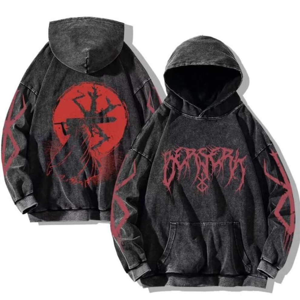 (M, black) Harajuku Anime Berserk Guts Print Hooded Men Women Vintage Manga Hoodies Plus Size Streetwear Male Cotton Classic Sweatshirt