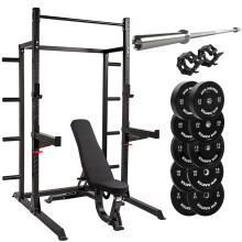 GYM MASTER GM2 Half Power Rack Set With Bench Barbell and Bumper Weight Plates