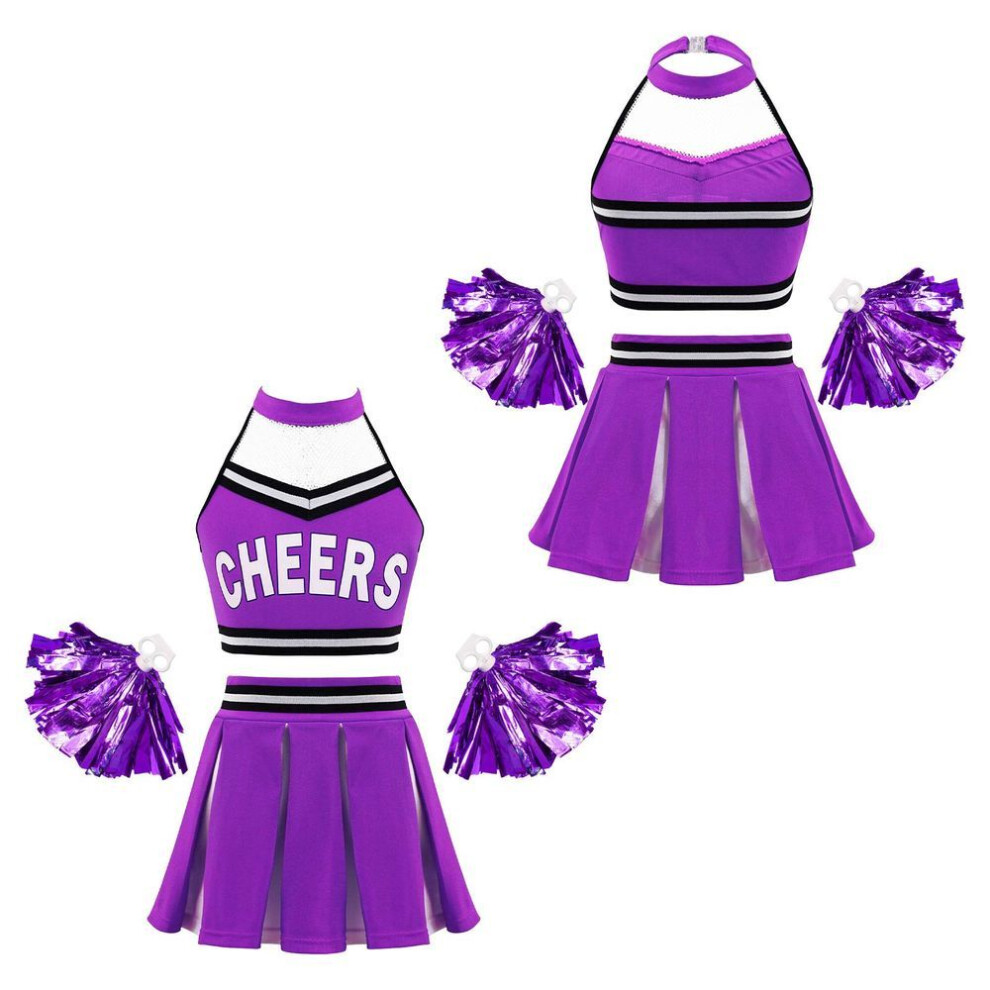 (purple, 15-16 Years) Cheerleading Costumes Kids Girl Dancing Clothes Set Letter Printed Crop Top + Skirt + Hand Flowers