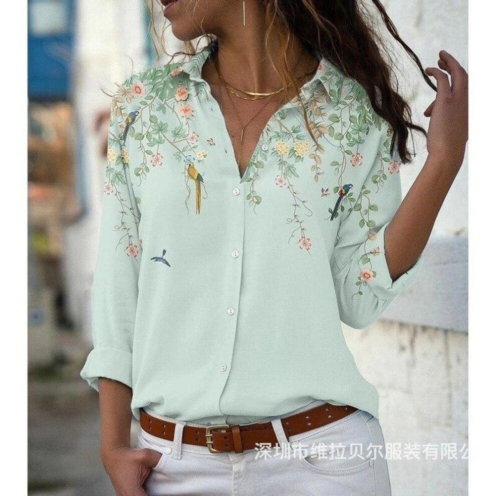 (4XL, green) Casual Long Sleeve Print Shirt Women Spring Loose Vintage Blouses Women Tops Fashion Office Button Up Female Shirts Blusas 19783