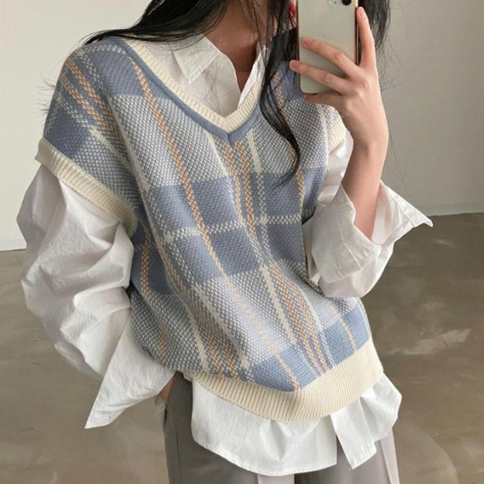 (blue, S) Autumn Winter Female Korean Loose Sweater Vest Vintage Office-lady V-neck Sweater Pullover Women Knitted Tops Pull Femme 23875